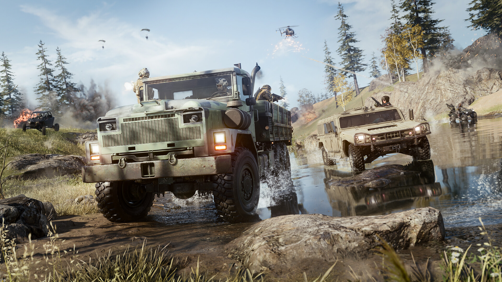 Call of Duty: Warzone screenshot: realistic, first-person, no outlines, realistic lighting (environment, combat)