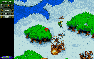 Cannon Fodder screenshot: pixel art, three-quarter, dithered shading (environment, combat)