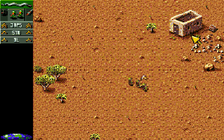Cannon Fodder screenshot: pixel art, three-quarter, dithered shading (environment)