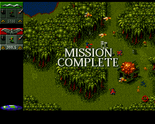 Cannon Fodder screenshot: pixel art, three-quarter, dithered shading (environment, combat)