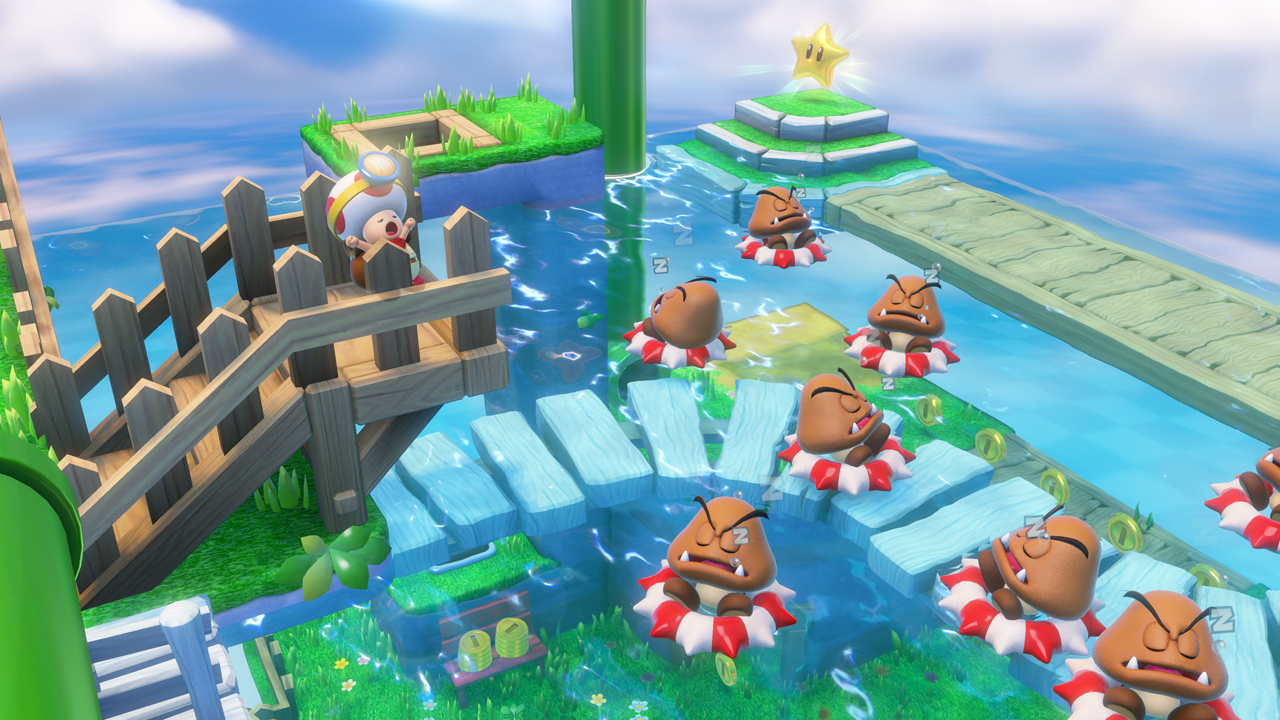 Captain Toad: Treasure Tracker screenshot: stylized 3d, diorama, three-quarter, no outlines, soft gradient (environment, character)