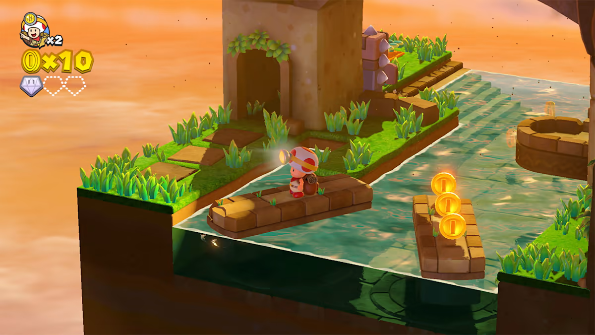 Captain Toad: Treasure Tracker screenshot: stylized 3d, diorama, three-quarter, no outlines, soft gradient (environment)