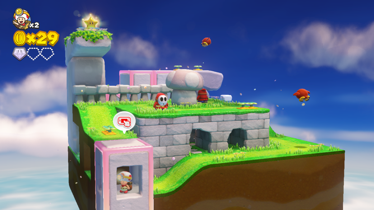 Captain Toad: Treasure Tracker screenshot: stylized 3d, diorama, three-quarter, no outlines, soft gradient (environment)
