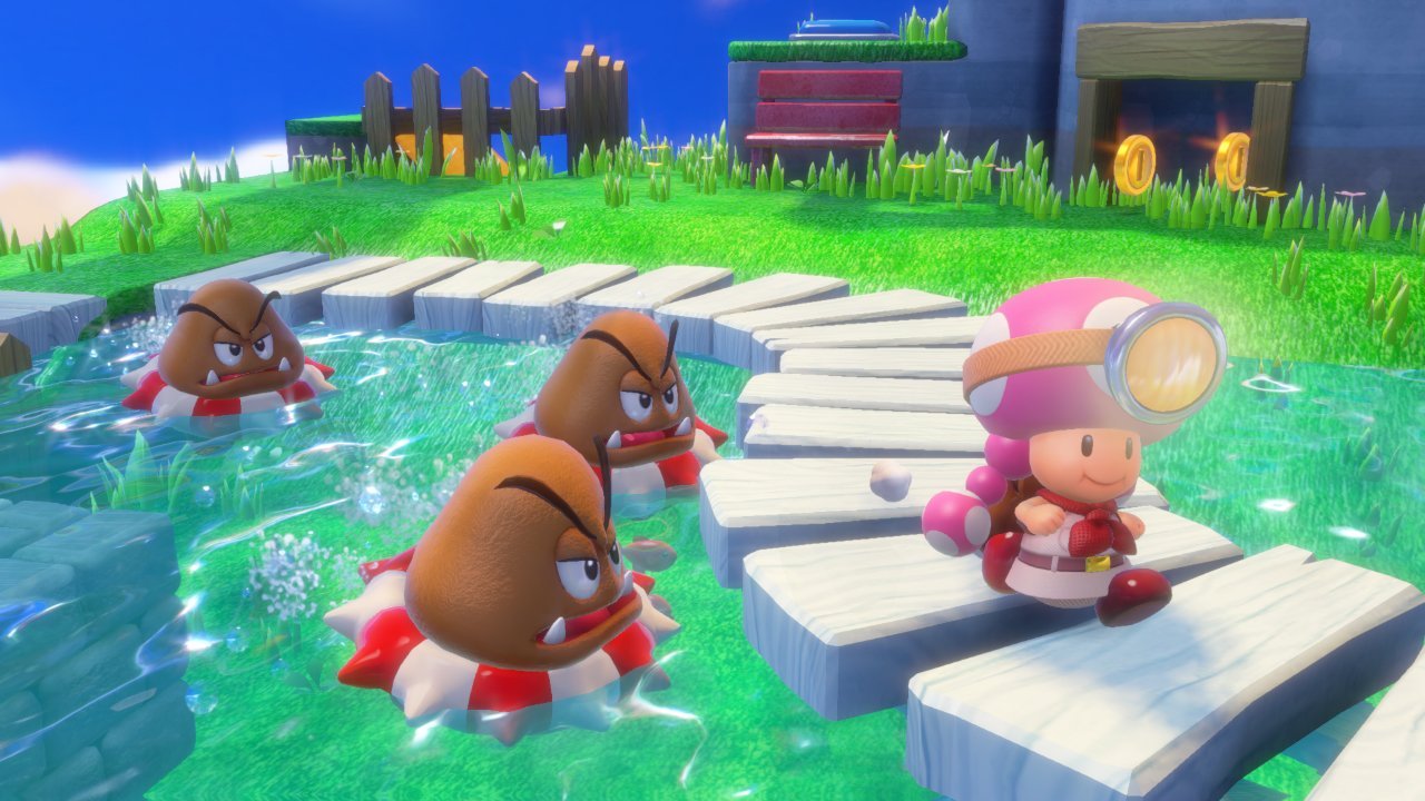 Captain Toad: Treasure Tracker screenshot: stylized 3d, diorama, three-quarter, no outlines, soft gradient (environment, character)