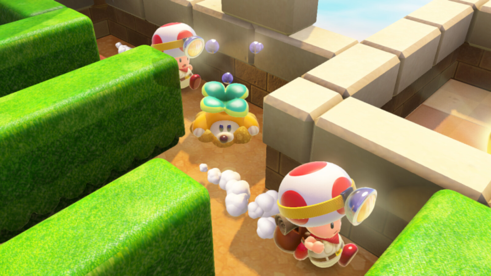 Captain Toad: Treasure Tracker screenshot: stylized 3d, diorama, three-quarter, no outlines, soft gradient (environment, character)