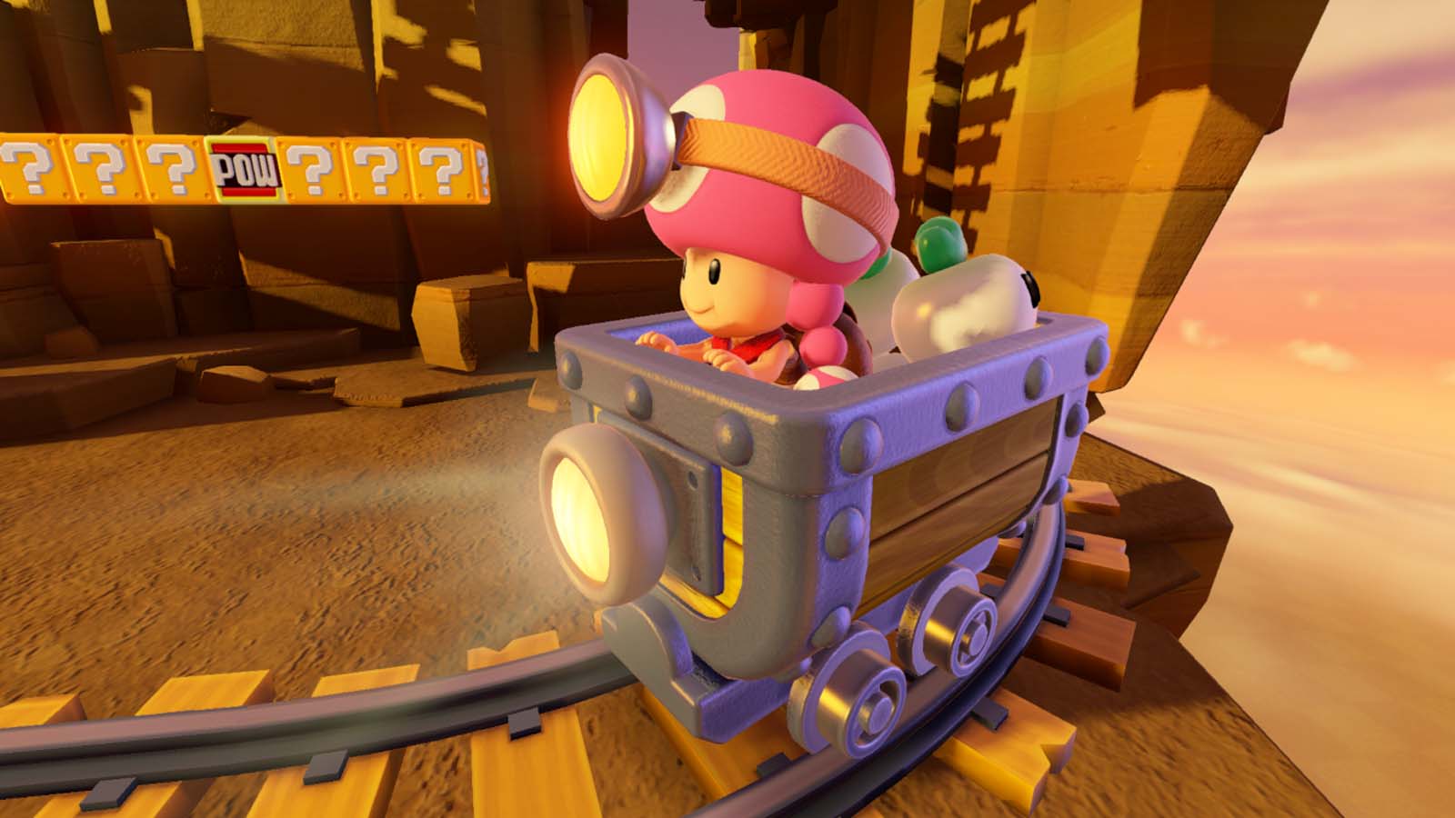 Captain Toad: Treasure Tracker screenshot: stylized 3d, diorama, three-quarter, no outlines, soft gradient (environment, character)
