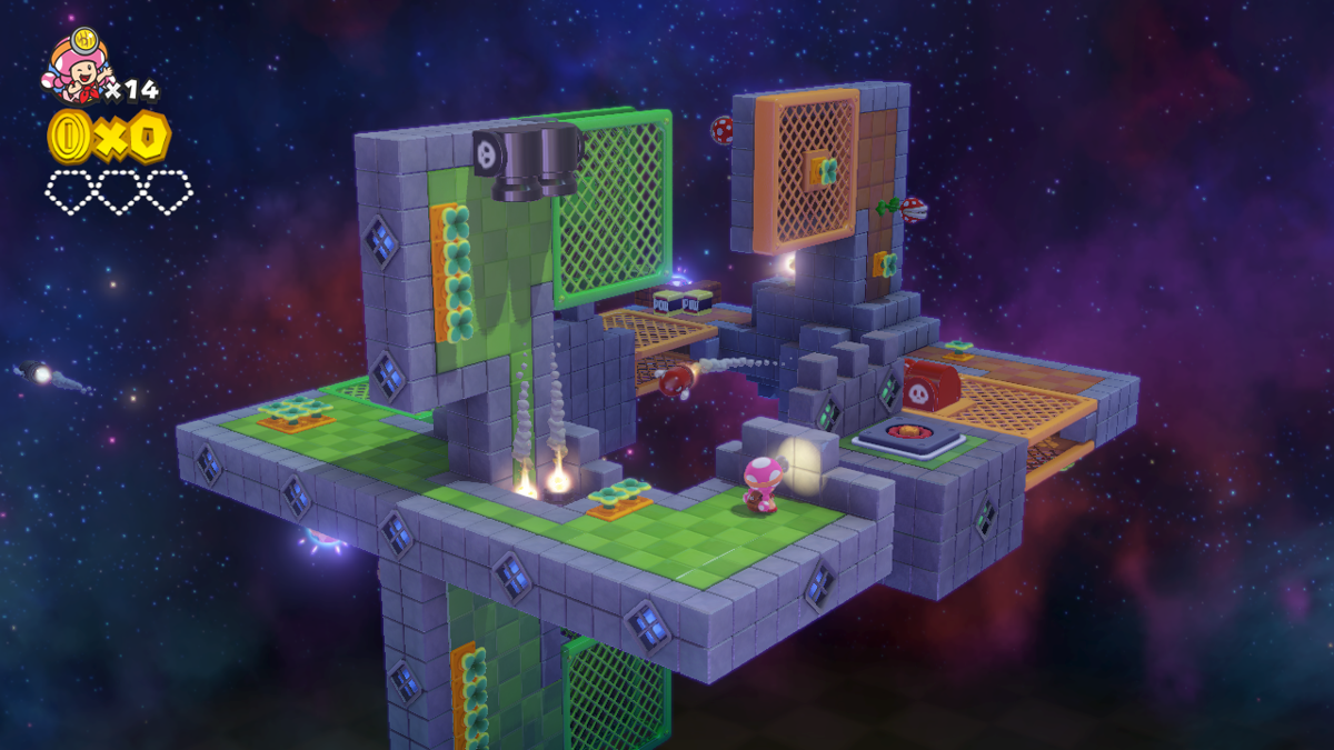 Captain Toad: Treasure Tracker screenshot: stylized 3d, diorama, three-quarter, no outlines, soft gradient (environment)