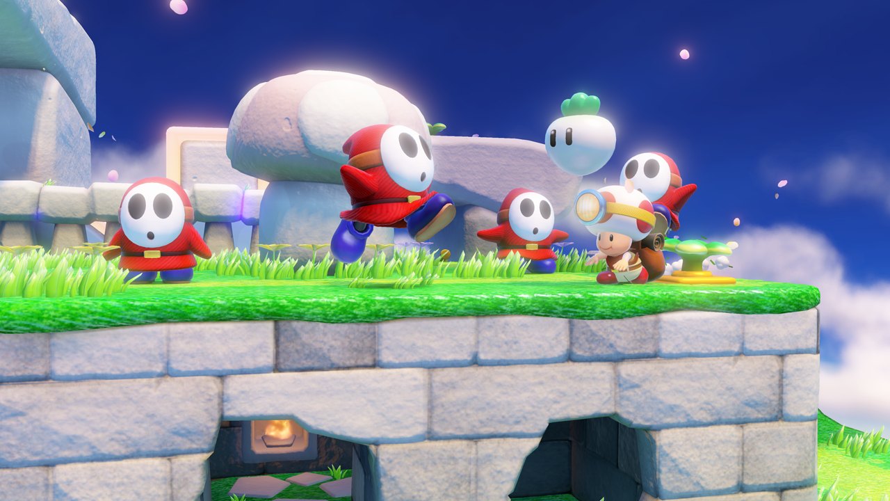 Captain Toad: Treasure Tracker screenshot: stylized 3d, diorama, three-quarter, no outlines, soft gradient (environment, character, combat)