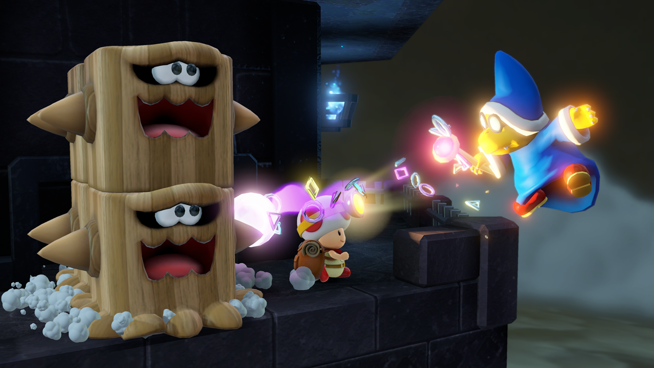 Captain Toad: Treasure Tracker screenshot: stylized 3d, diorama, three-quarter, no outlines, soft gradient (environment, character, combat)