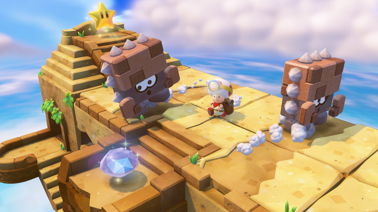 Captain Toad: Treasure Tracker screenshot: stylized 3d, diorama, three-quarter, no outlines, soft gradient (environment, character, combat)
