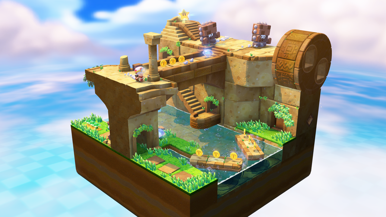 Captain Toad: Treasure Tracker screenshot: stylized 3d, diorama, three-quarter, no outlines, soft gradient (environment)