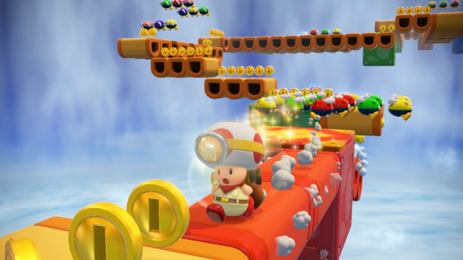 Captain Toad: Treasure Tracker screenshot: stylized 3d, diorama, three-quarter, no outlines, soft gradient (environment, character)