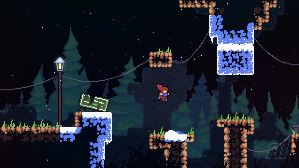 Celeste screenshot: pixel art, side-scrolling, colored outlines, flat / unlit (environment)