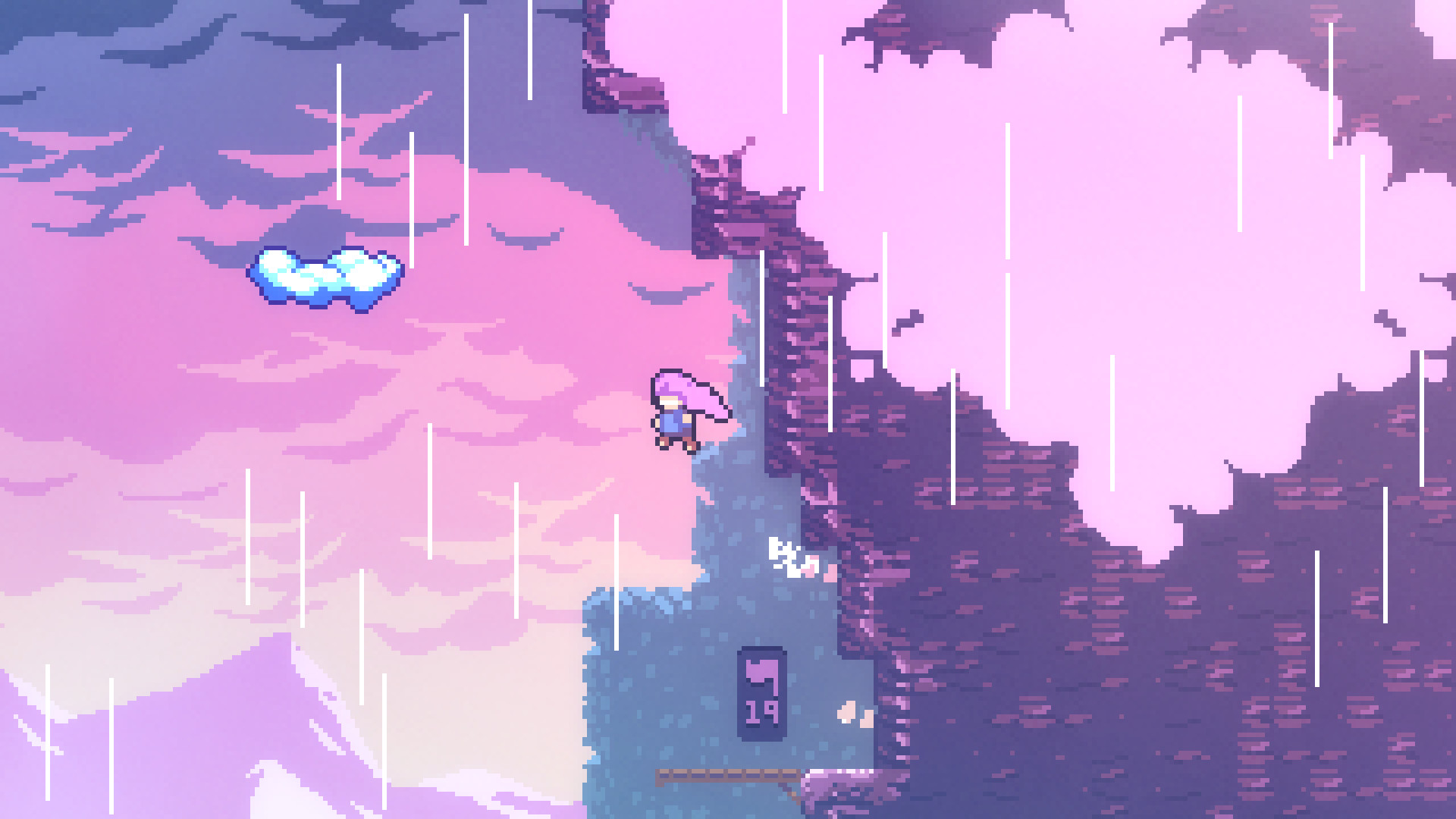 Celeste screenshot: pixel art, hand-drawn, side-scrolling, colored outlines, baked lighting (environment)