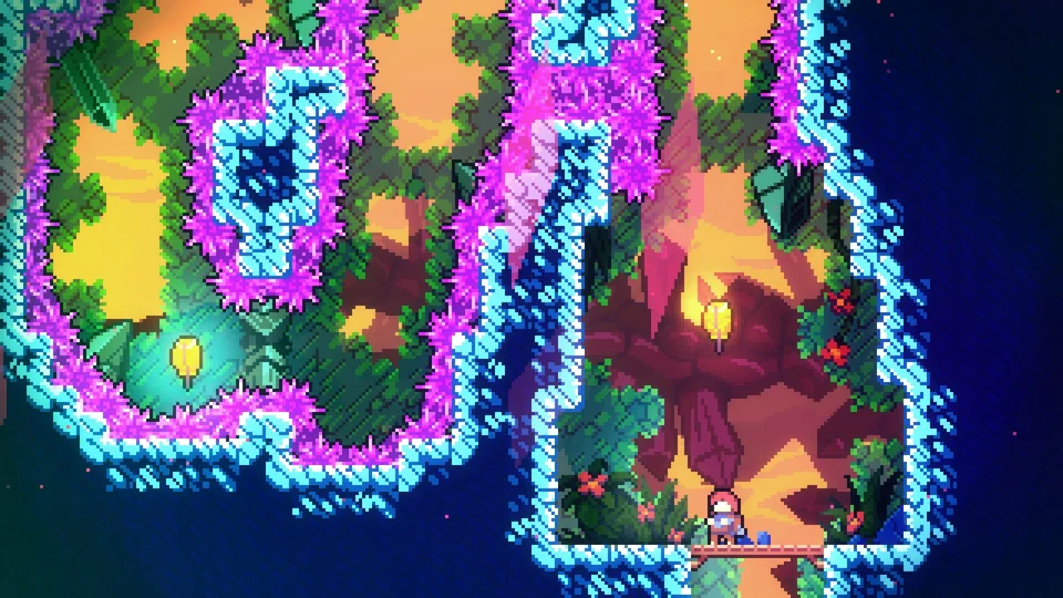 Celeste screenshot: pixel art, side-scrolling, colored outlines, flat / unlit (environment)