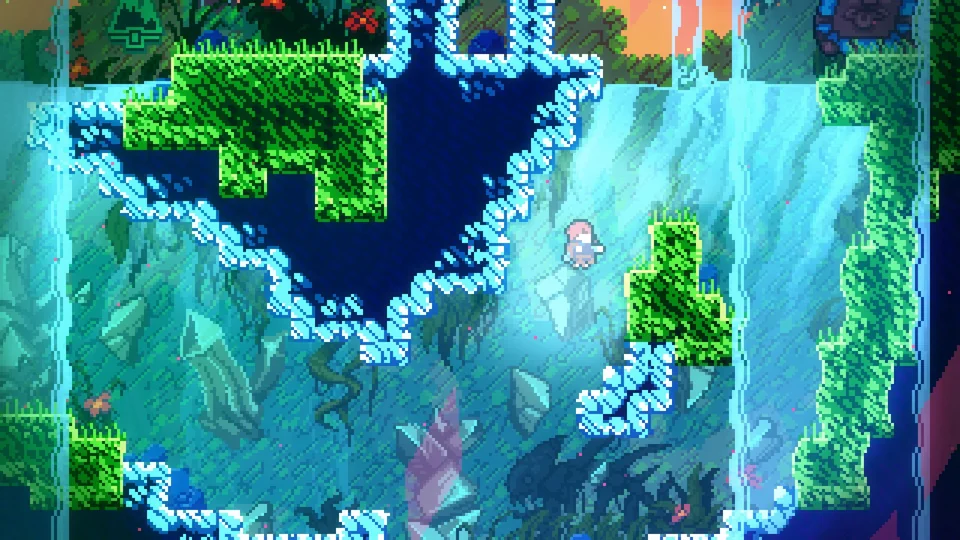Celeste screenshot: pixel art, side-scrolling, colored outlines, flat / unlit (environment)