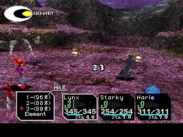 Chrono Cross screenshot: pre-rendered, painterly, low-poly, fixed camera, three-quarter, no outlines, baked lighting (combat)
