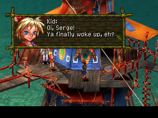 Chrono Cross screenshot: pre-rendered, painterly, low-poly, fixed camera, three-quarter, no outlines, baked lighting (cutscene)
