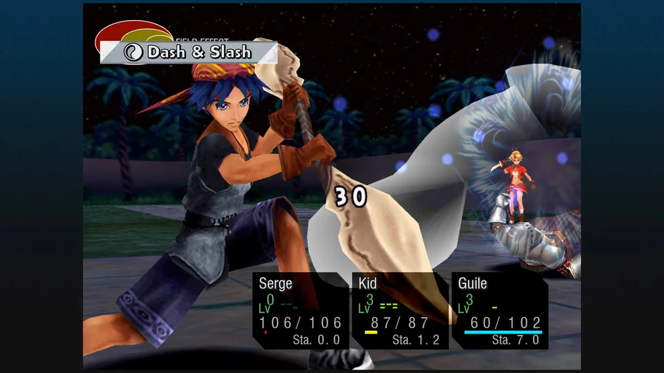 Chrono Cross: The Radical Dreamers Edition screenshot: pre-rendered, stylized 3d, painterly, fixed camera, three-quarter, no outlines, soft gradient (character, combat)
