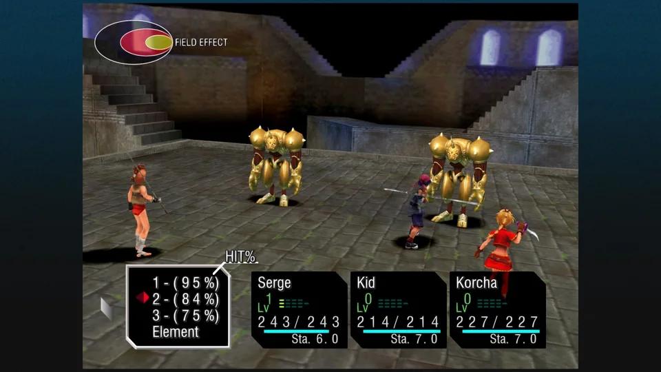 Chrono Cross: The Radical Dreamers Edition screenshot: pre-rendered, stylized 3d, painterly, fixed camera, three-quarter, no outlines, soft gradient (combat)