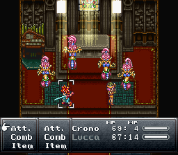 Chrono Trigger screenshot: pixel art, three-quarter, colored outlines, dithered shading (environment, combat)