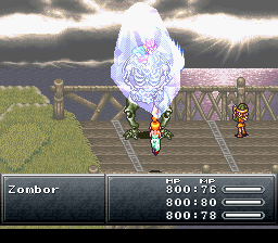 Chrono Trigger screenshot: pixel art, three-quarter, black outlines, baked lighting (combat)