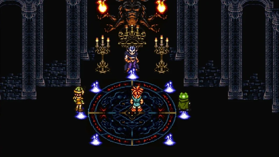Chrono Trigger (PC) screenshot: pixel art, three-quarter, black outlines, baked lighting (cutscene)