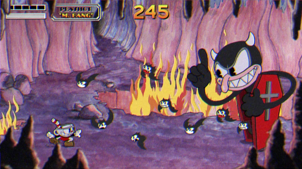 Cuphead screenshot: hand-drawn, side-scrolling, inked lines, soft gradient (combat)