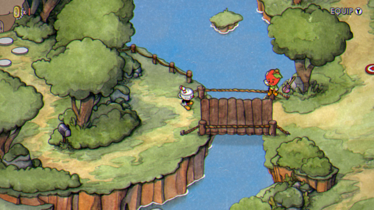 Cuphead screenshot: hand-drawn, painterly, side-scrolling, three-quarter, black outlines, flat / unlit (environment)