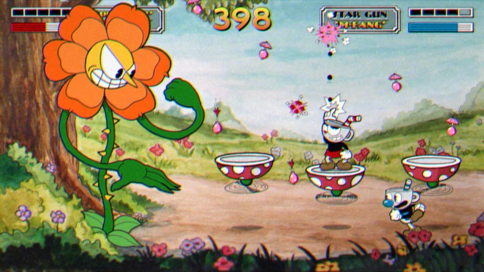 Cuphead screenshot: hand-drawn, side-scrolling, inked lines, soft gradient (combat)