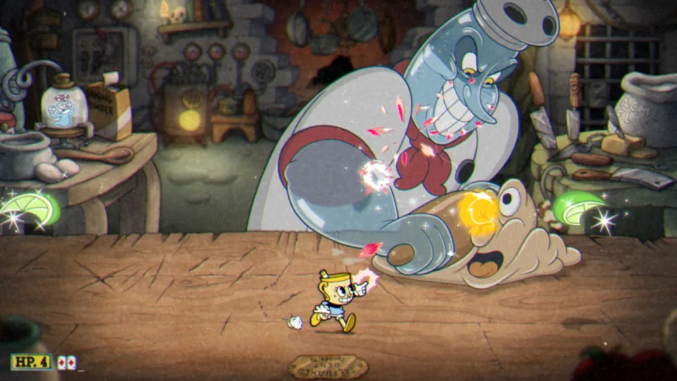 Cuphead screenshot: hand-drawn, side-scrolling, inked lines, soft gradient (combat)