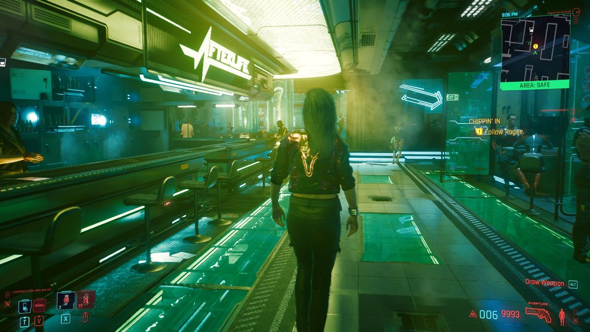 Cyberpunk 2077 screenshot: realistic, first-person, third-person, no outlines, realistic lighting (environment, character)