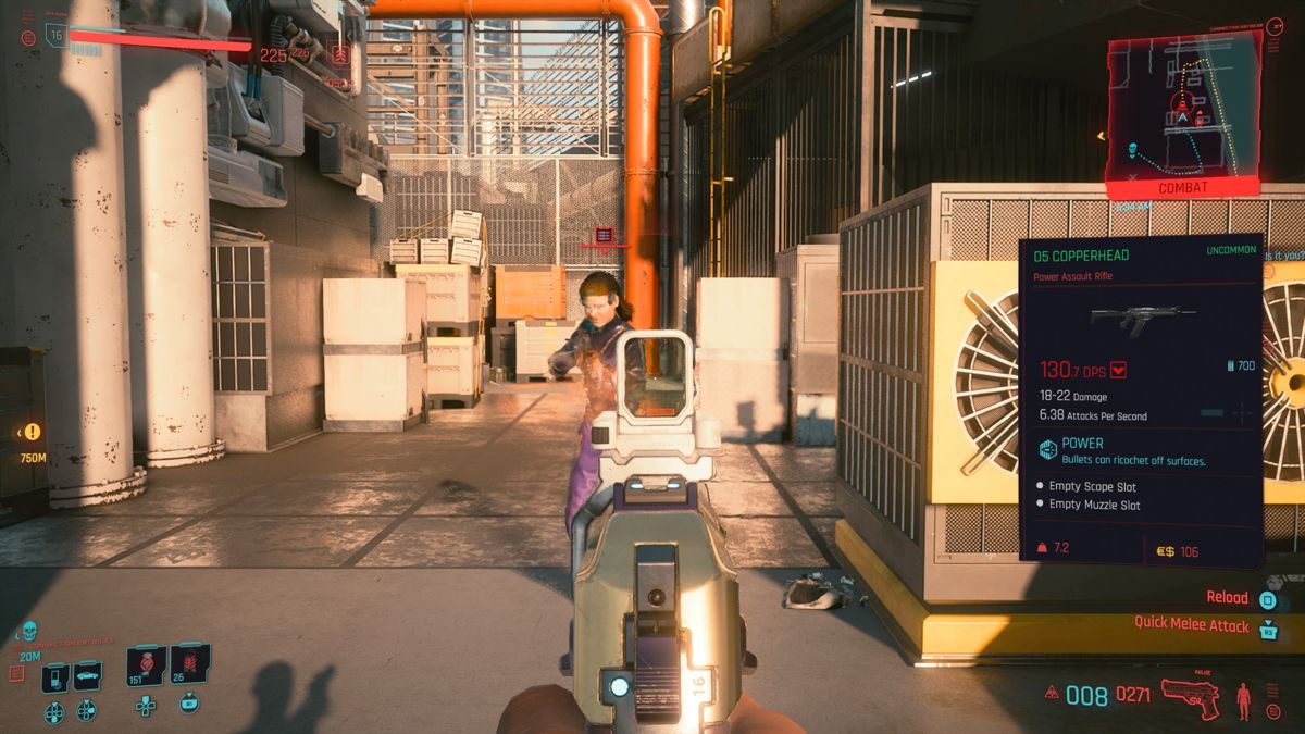Cyberpunk 2077 screenshot: realistic, first-person, third-person, no outlines, realistic lighting (environment, character, combat)