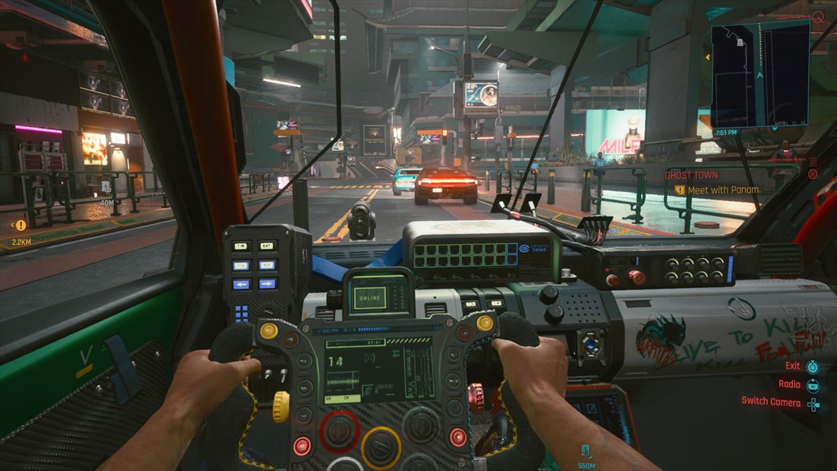 Cyberpunk 2077 screenshot: realistic, first-person, third-person, no outlines, realistic lighting (environment)
