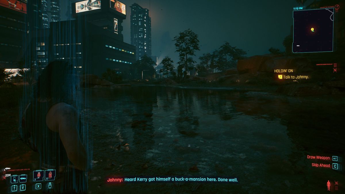 Cyberpunk 2077 screenshot: realistic, first-person, third-person, no outlines, realistic lighting (environment, character, cutscene)