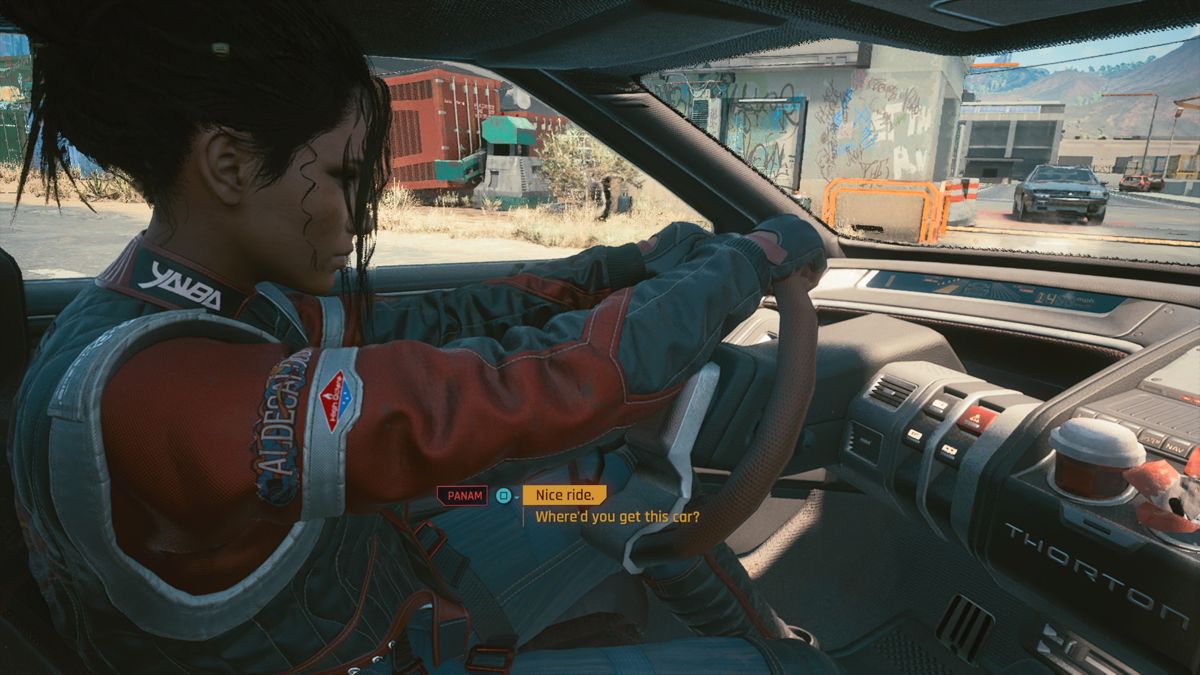 Cyberpunk 2077 screenshot: realistic, first-person, third-person, no outlines, realistic lighting (character, environment, cutscene)