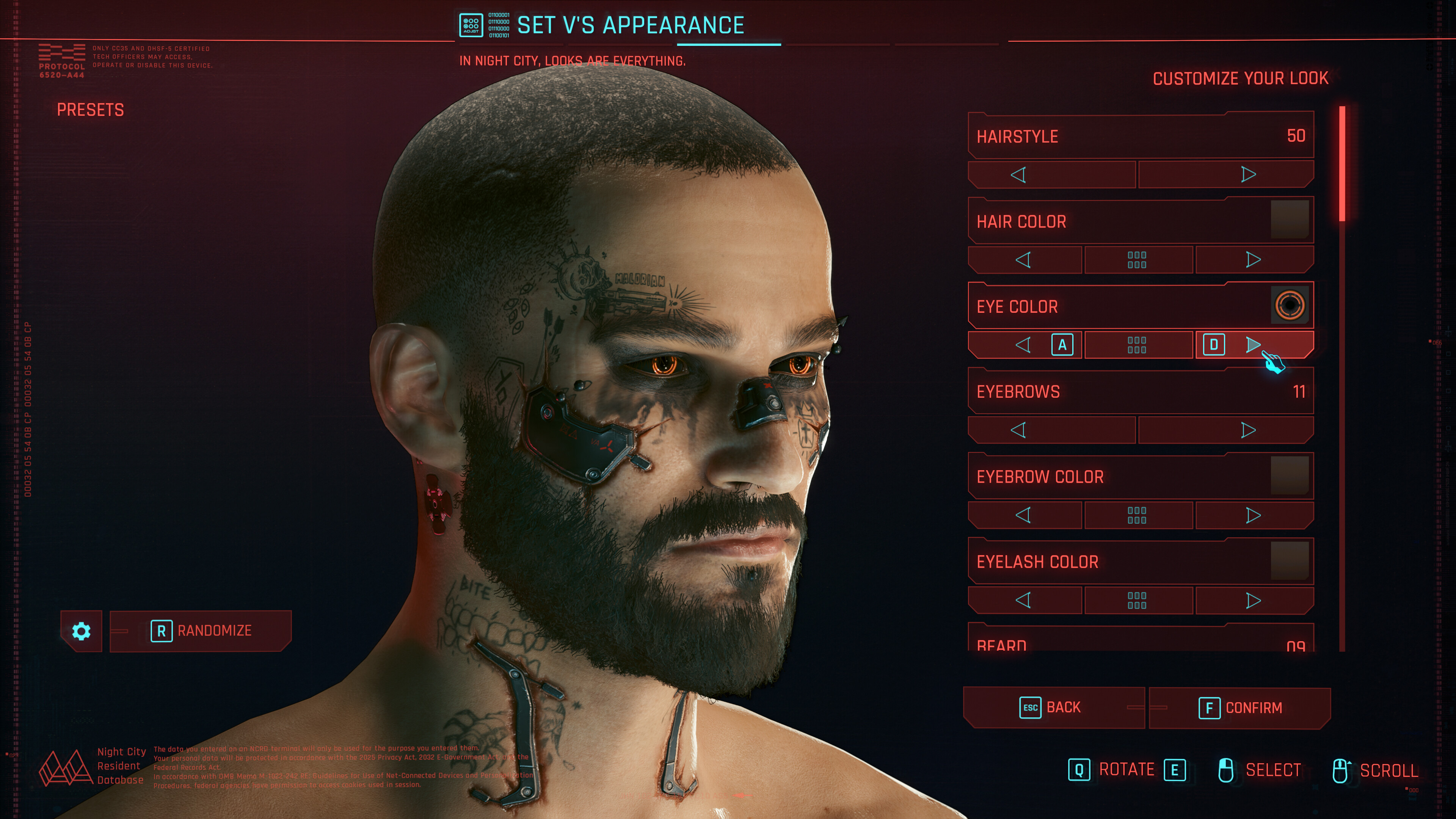 Cyberpunk 2077 screenshot: realistic, first-person, third-person, no outlines, realistic lighting (character, ui / menu)