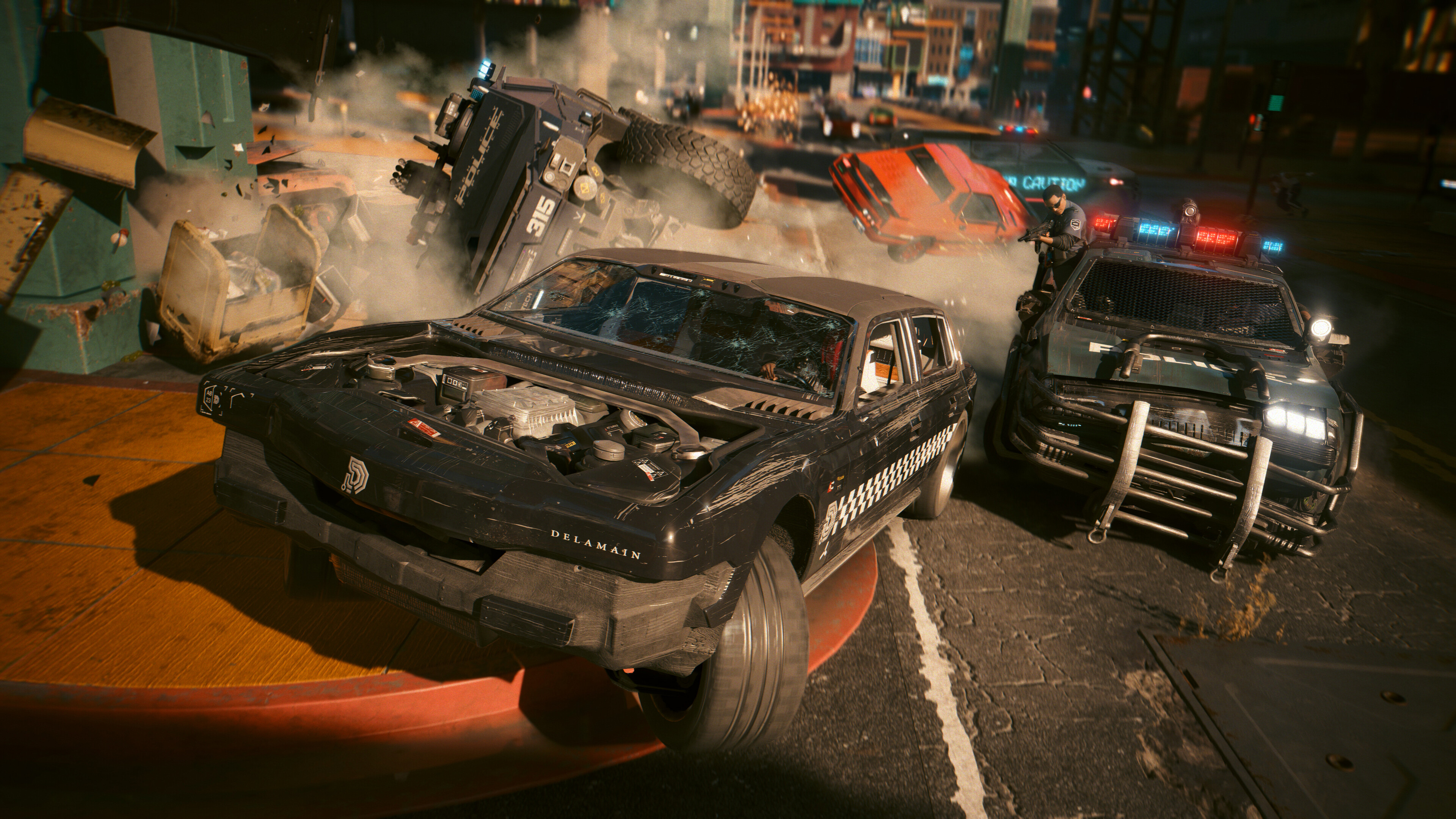 Cyberpunk 2077 screenshot: realistic, first-person, third-person, no outlines, realistic lighting (environment, combat)