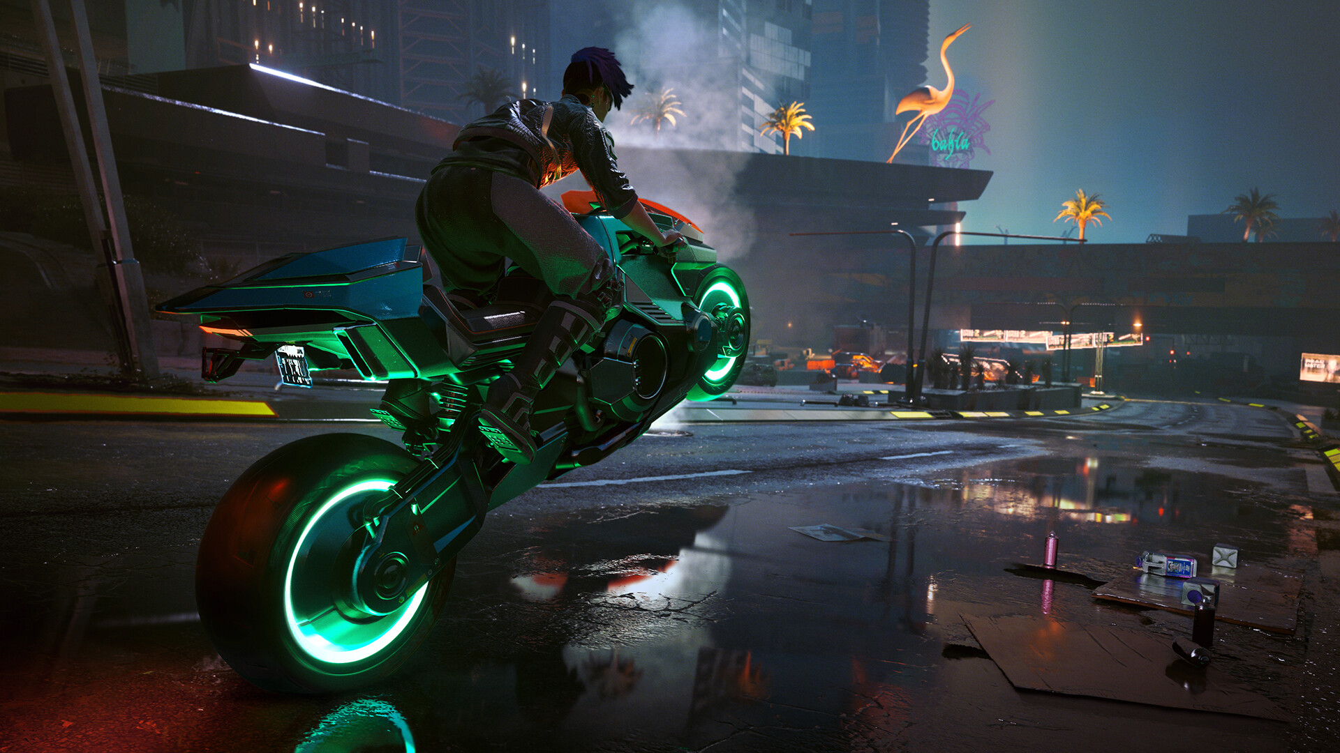Cyberpunk 2077 screenshot: realistic, first-person, third-person, no outlines, realistic lighting (environment, character)