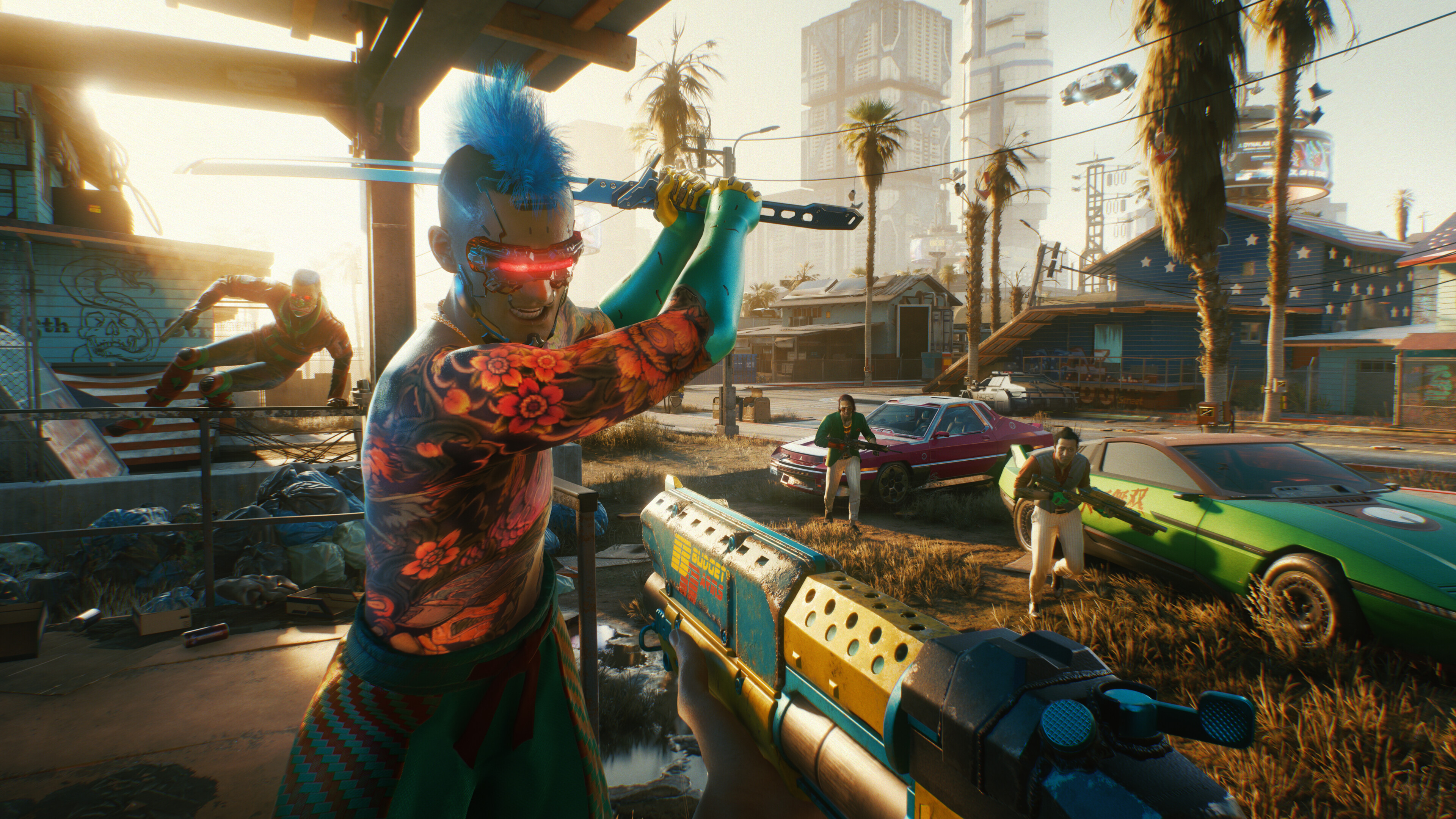 Cyberpunk 2077 screenshot: realistic, first-person, third-person, no outlines, realistic lighting (environment, character, combat)