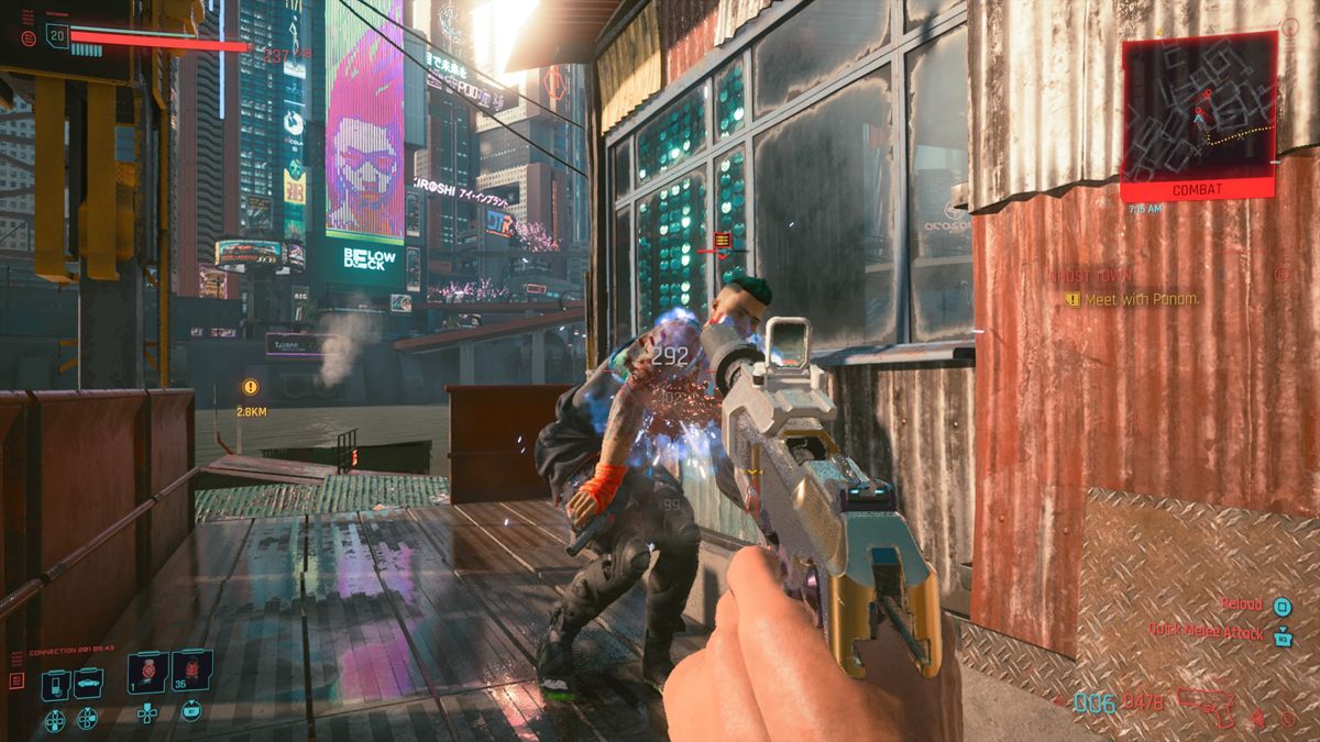 Cyberpunk 2077 screenshot: realistic, first-person, third-person, no outlines, realistic lighting (environment, character, combat)