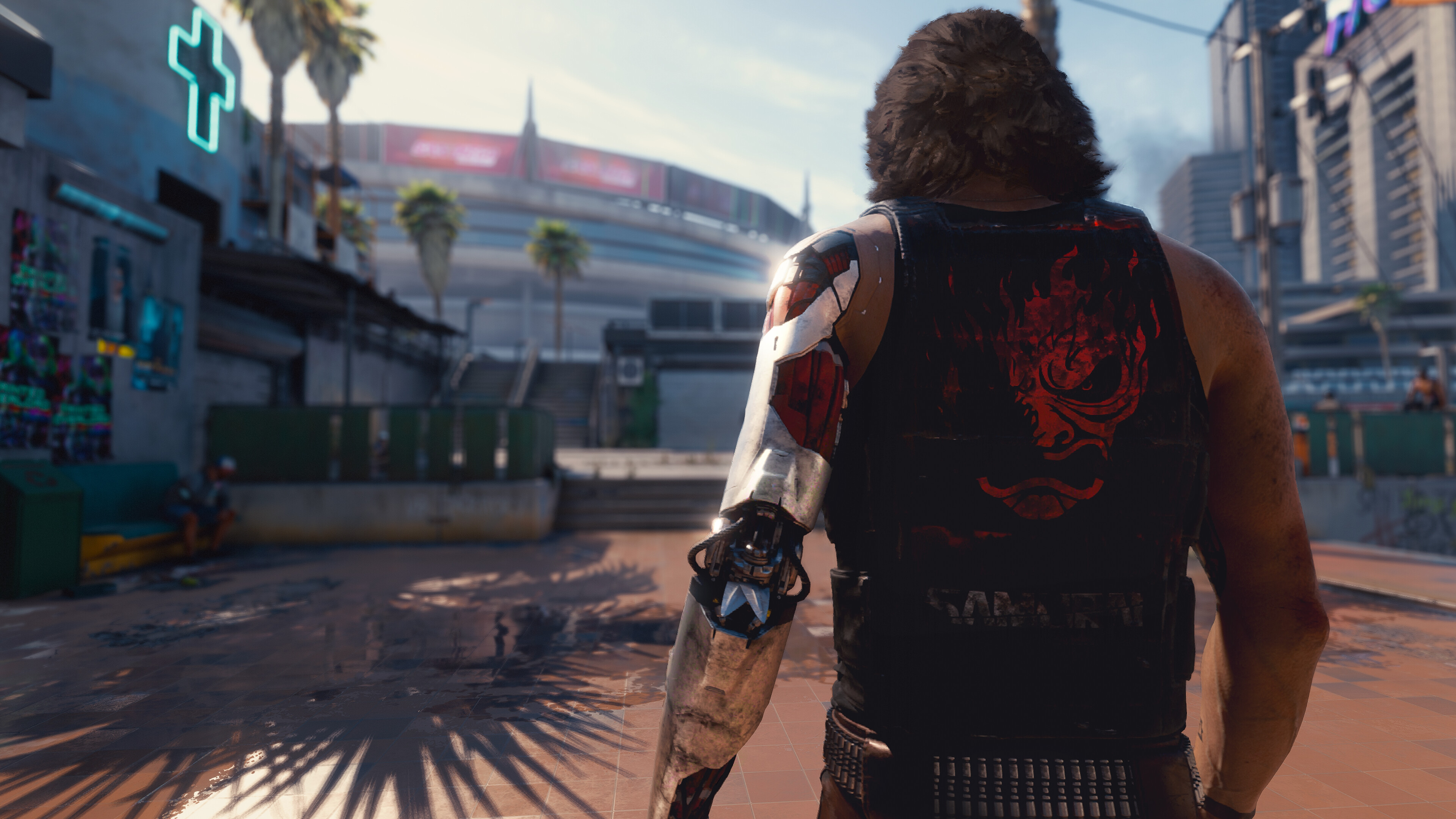 Cyberpunk 2077 screenshot: realistic, first-person, third-person, no outlines, realistic lighting (environment, character, cutscene)