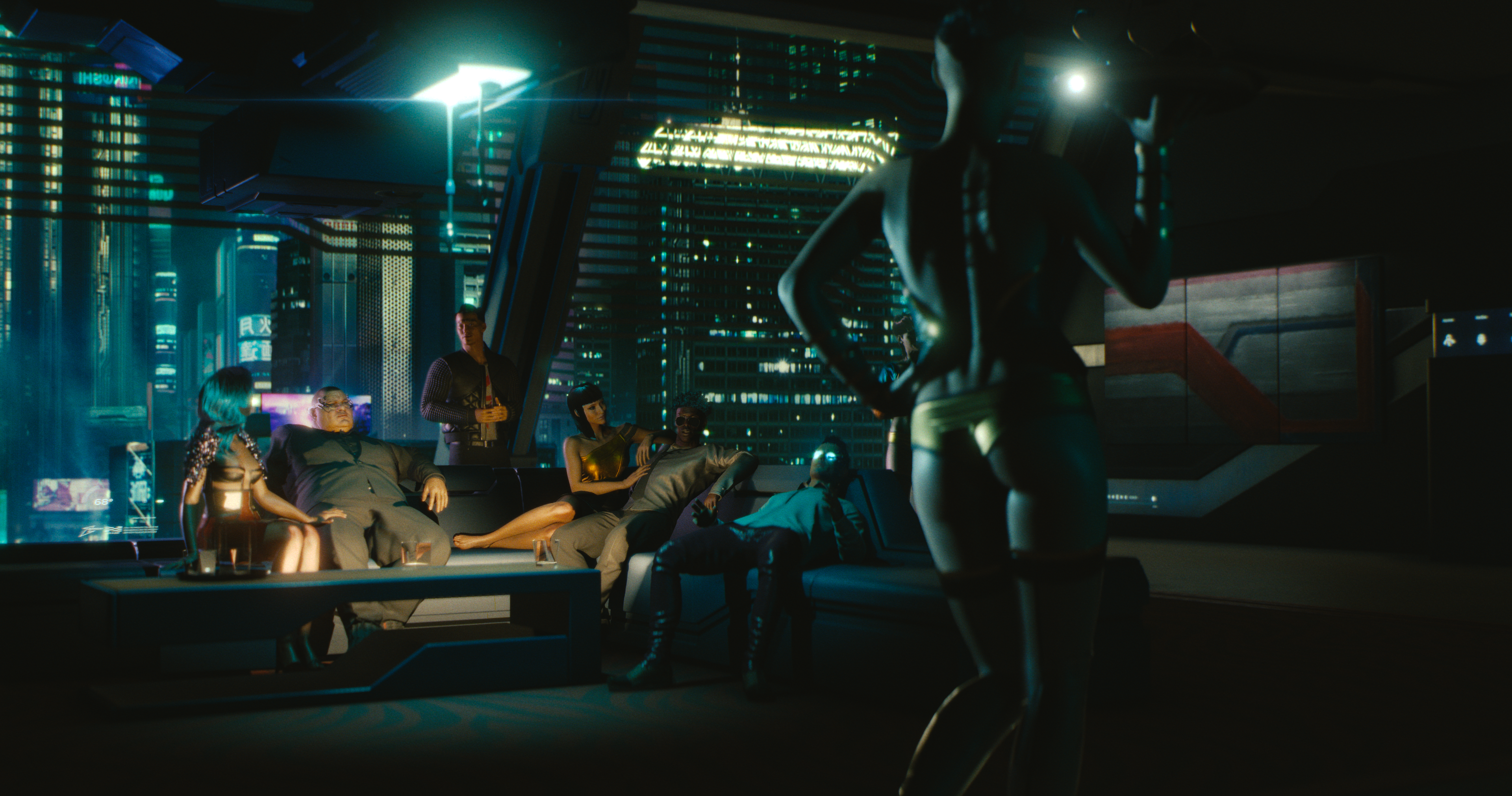 Cyberpunk 2077 screenshot: realistic, first-person, third-person, no outlines, realistic lighting (environment, character, cutscene)