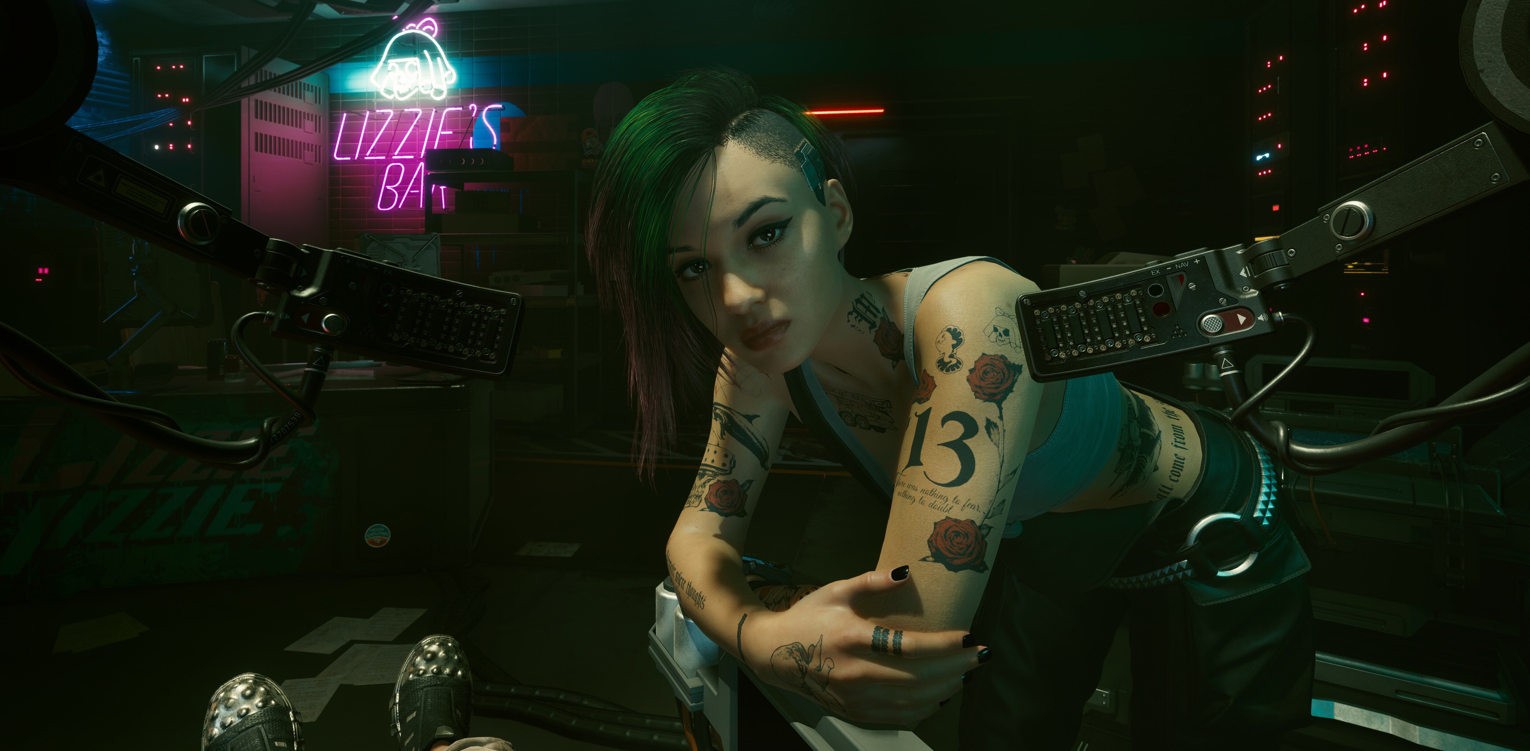 Cyberpunk 2077 screenshot: realistic, first-person, third-person, no outlines, realistic lighting (character, cutscene)