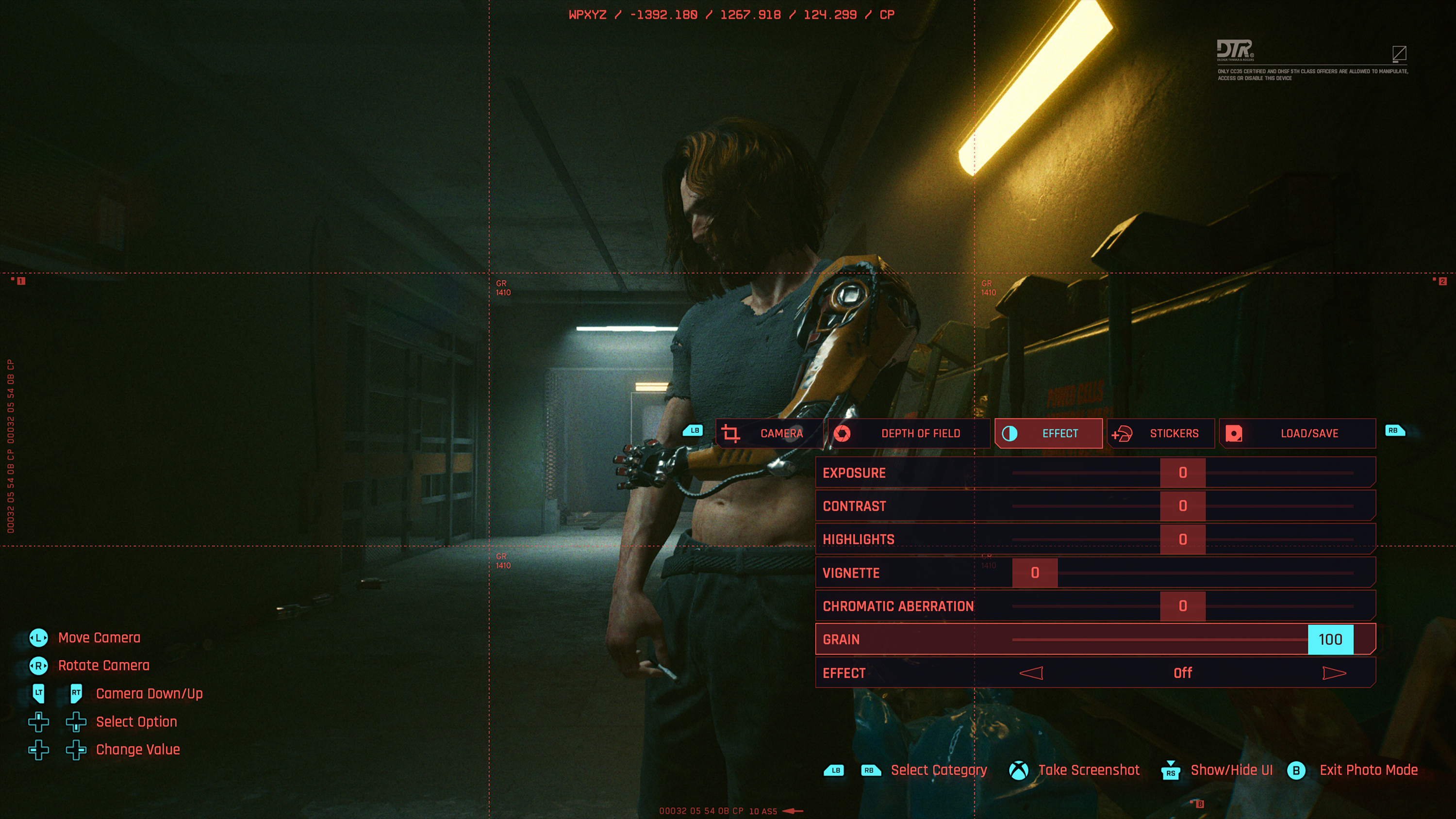 Cyberpunk 2077 screenshot: realistic, first-person, third-person, no outlines, realistic lighting (ui / menu, character, environment)