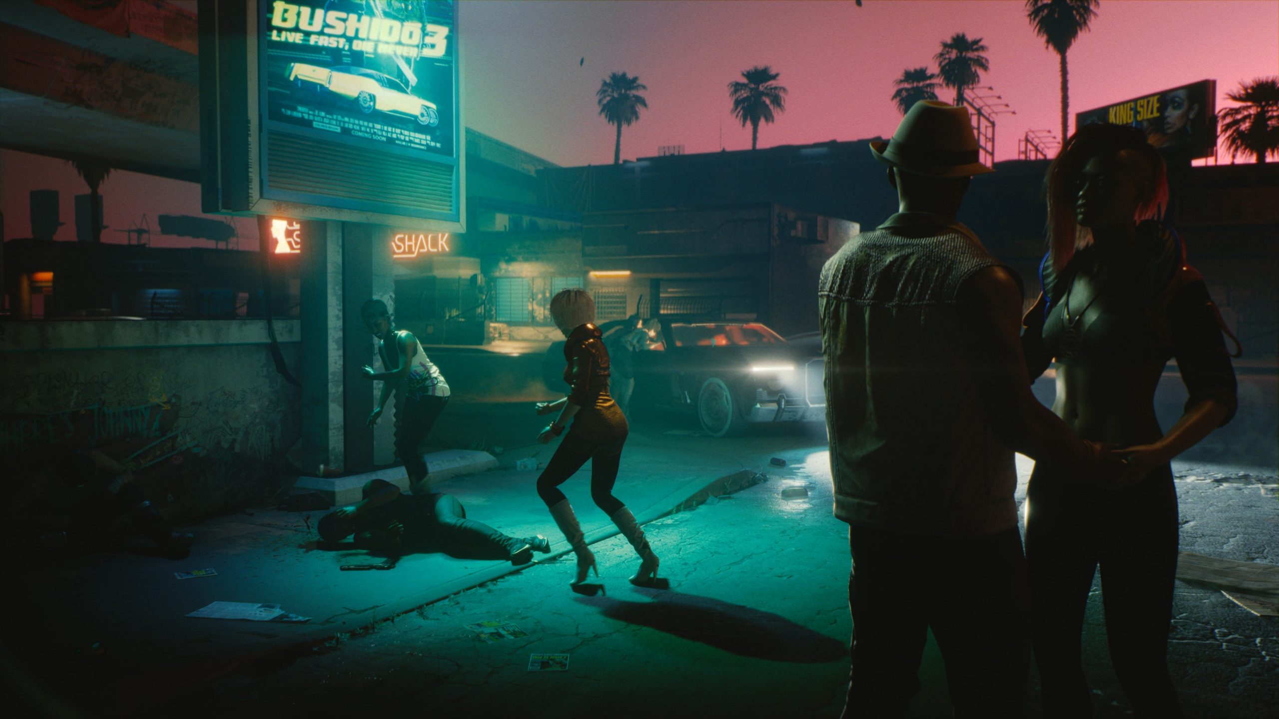 Cyberpunk 2077 screenshot: realistic, first-person, third-person, no outlines, realistic lighting (environment, character)