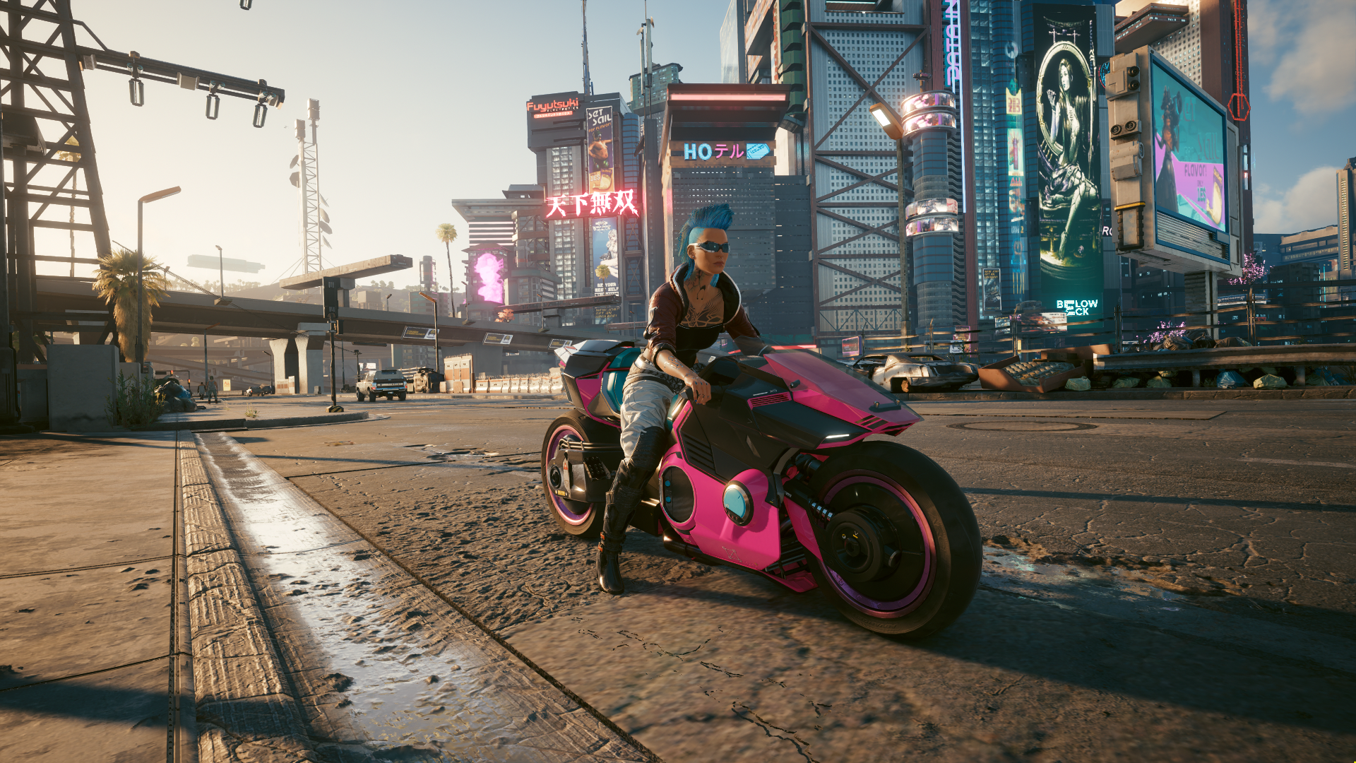 Cyberpunk 2077 screenshot: realistic, first-person, third-person, no outlines, realistic lighting (environment, character)