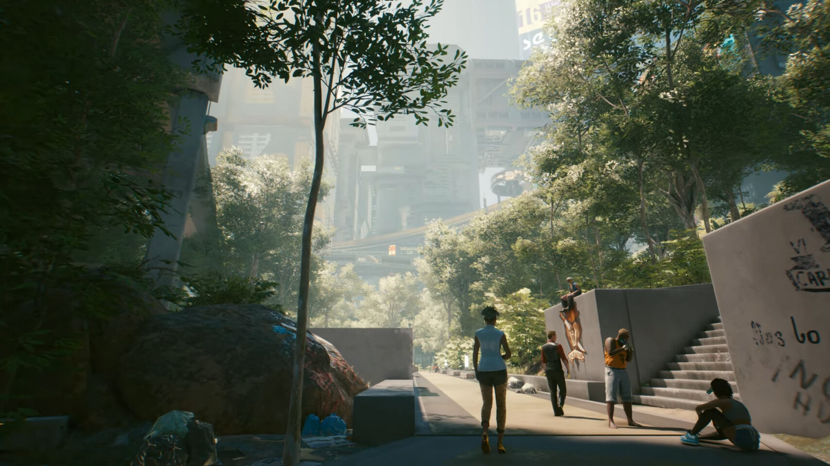 Cyberpunk 2077 screenshot: realistic, first-person, third-person, no outlines, realistic lighting (environment)