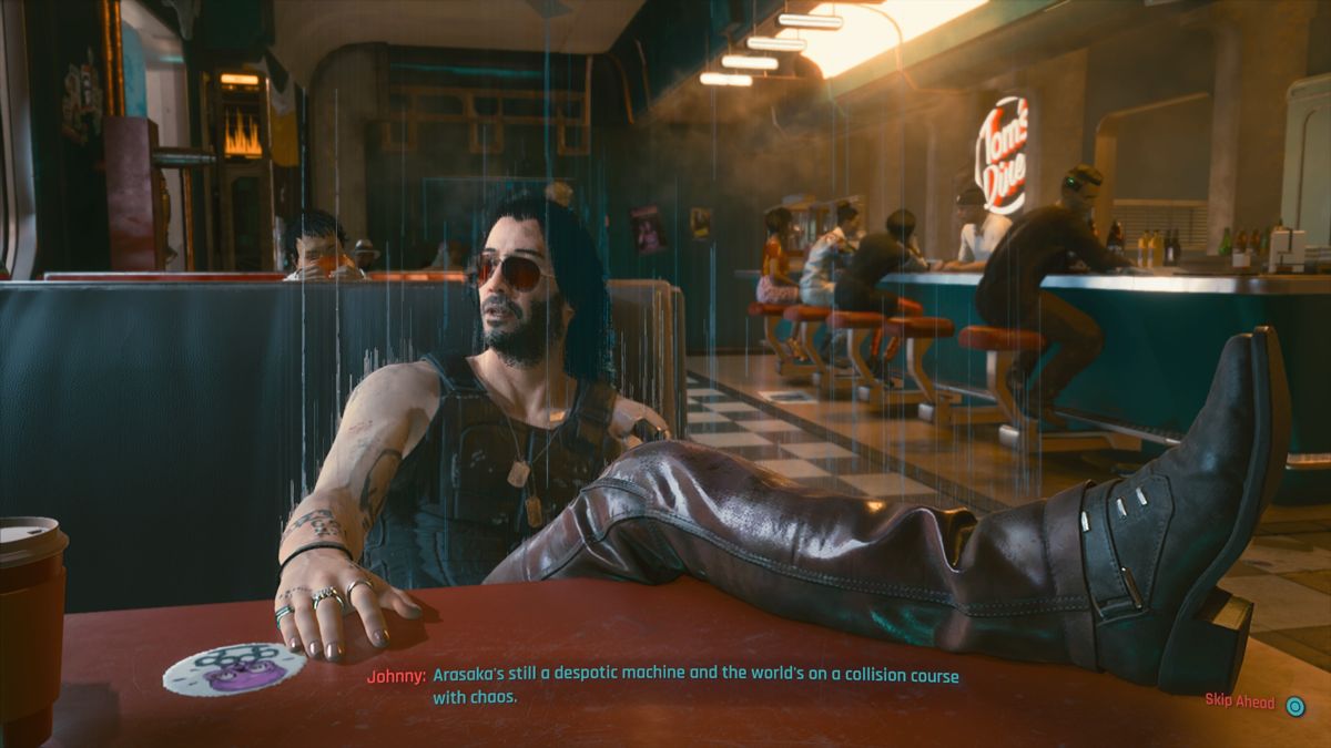 Cyberpunk 2077 screenshot: realistic, first-person, third-person, no outlines, realistic lighting (character, cutscene)