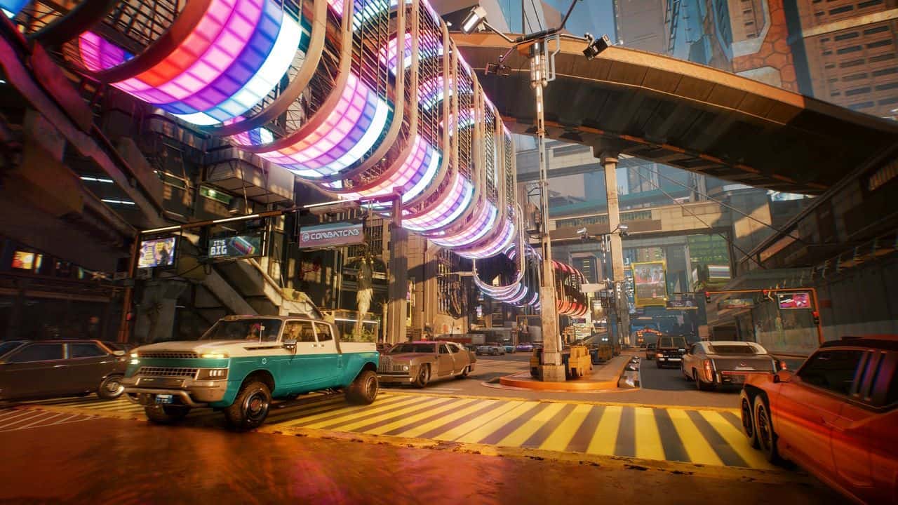 Cyberpunk 2077 screenshot: realistic, first-person, third-person, no outlines, realistic lighting (environment)